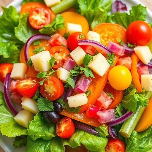 A colorful and vibrant salad with various vegetables and fruits