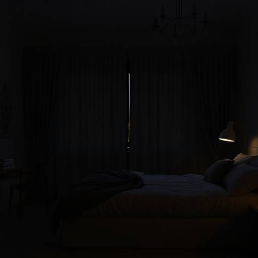 A darkened bedroom with blackout curtains and a comfortable bed