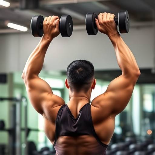 Person doing an overhead press with dumbbells